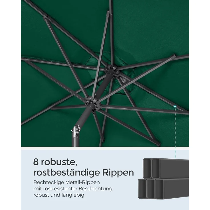 SONGMICS Sonnenschirm 300 cm, UPF 50+, Strandschirm, beidseitig um 30° knickbar, Sonnenschutz, mit Kurbel zum Öffnen/Schließen, für Terrasse, Balkon, Pool, ohne Ständer, grün GPU30GN – Bild 6