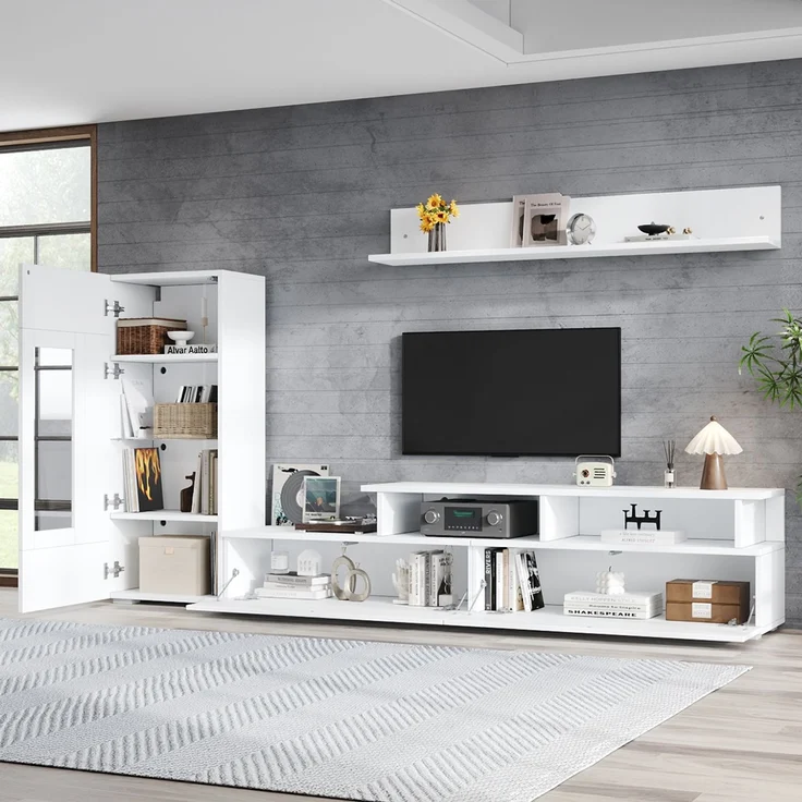TV Wohnwand Set 3-teilig LED Beleuchtung Hochglanz Wohnzimmer Möbel Set Frontale Wohnwand 1 x TV Schrank, 1 x Wohnzimmer Vitrine, 1 x Hängeregal, TV bis 75' Weiß--Weiß--130x46x15.49cm--YOUDENOVA – Bild 2