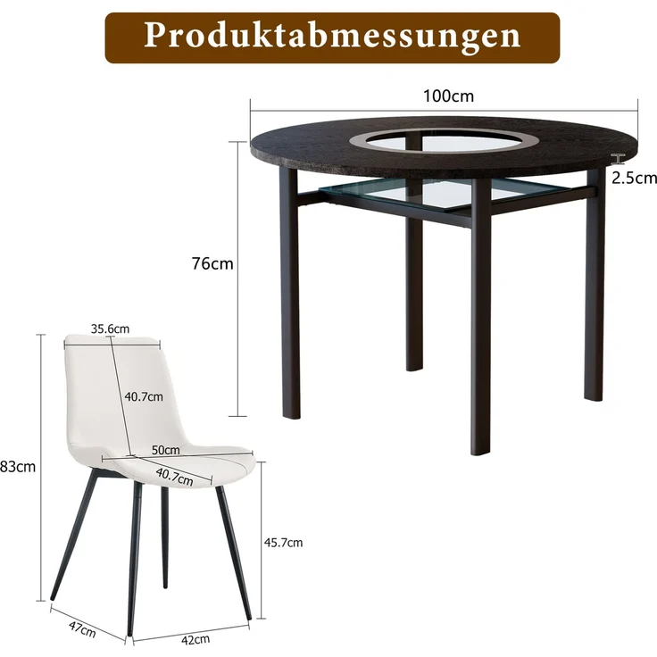 Esstisch-Set mit Glasintarsie & Ablage, Ø 100x76 cm, Schwarz in Holzoptik/Weiß – Bild 5