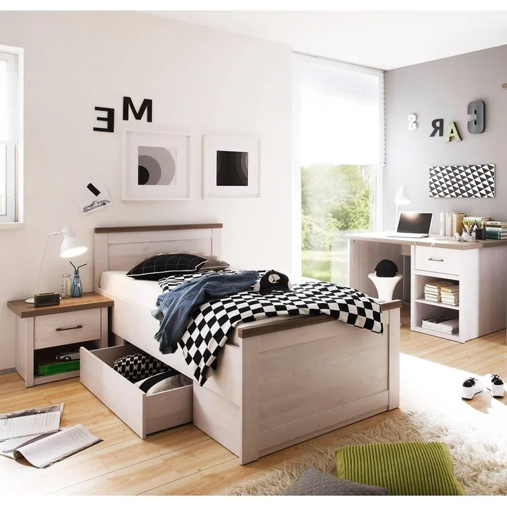 Jugendzimmer 3-tlg. LUND-78, Landhaus Stil, Pinie weiß Nb. /Trüffel Eiche