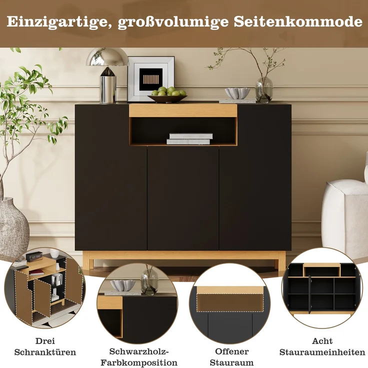 DESVIAE Sideboard mit 3 Türen und offenem Fach 120,5x96x42 cm Spanplatte Schwarz – Bild 5