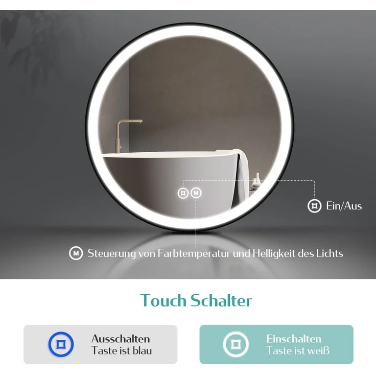 EMKE Badspiegel mit Beleuchtung ф60cm Touch 3 Lichtfarben Dimmbar Abnehmbarer Gürtel Schwarz Rahmen Wandspiegel – Bild 2