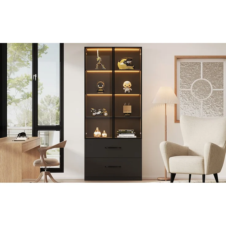 ZUBALIYA LED-Vitrine 60×40×160 cm - Glasvitrine, Bücherregal und Multifunktionsschrank mit Beleuchtung und Schubladen, mit Aluminiumrahmen, Hartglastüren und sanft schließenden Scharnieren, mehrfarbige LED – Bild 14