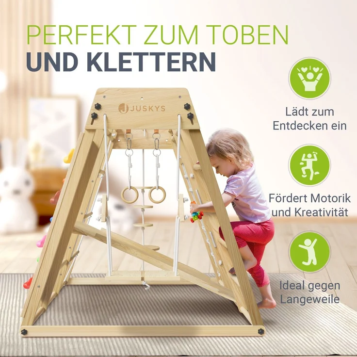 Juskys 'Maxi' Klettergerüst für Kinder - Indoor Spielplatz mit Rutsche, Kletterwand, Kletternetz & Schaukel - Holz Kletterturm klappbar - Holz Natur, 119 x 124 x 119 cm – Bild 5