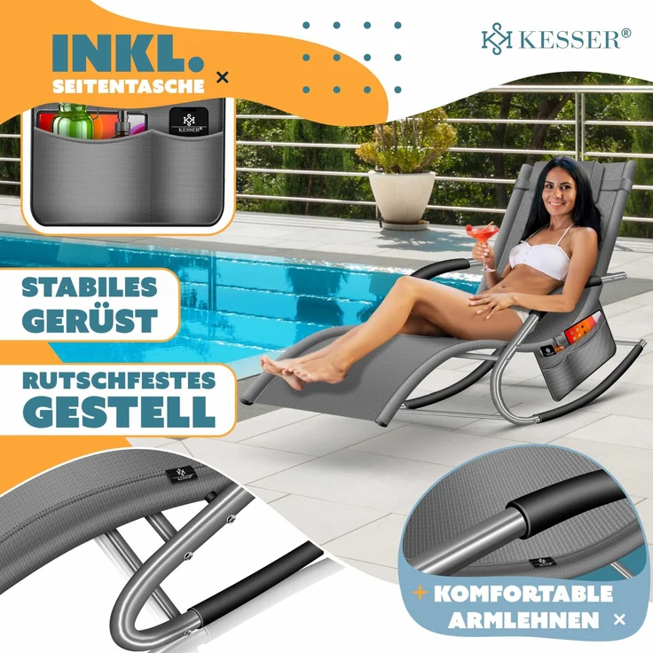 KESSER® Sonnenliege Relaxliege Schwungliege | Gartenliege | Gartenstuhl | Klappstuhl faltbar | Liegestuhl | Schaukelsessel | ergonomische Relaxsessel | wetterfest | 150 kg Belastung | Grau – Bild 3