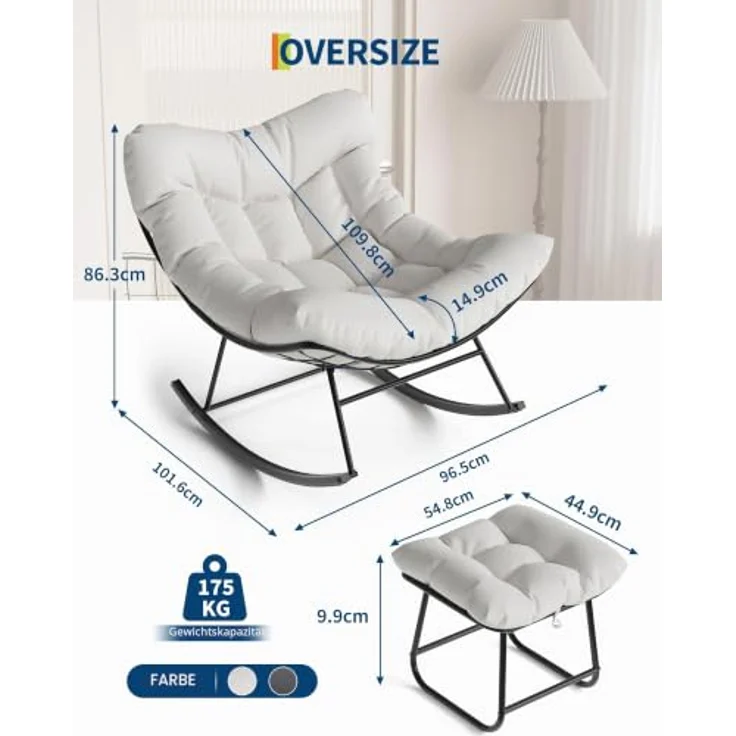 GarveeHome Schaukelstuhl Oversized mit Fußhocker, Schaukelsessel mit dickem Kissen & Metallrahmen, Relaxsessel für Poolside, Garten und Hinterhof, Tragfähigkeit – Bild 3