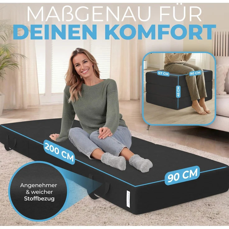 Klappmatratze 90x200 cm, 75x195 cm, Bestschlaf, 15 cm hoch, waschbar, versch. Größen & Farben, geeignet für Hausstauballergiker – Bild 2