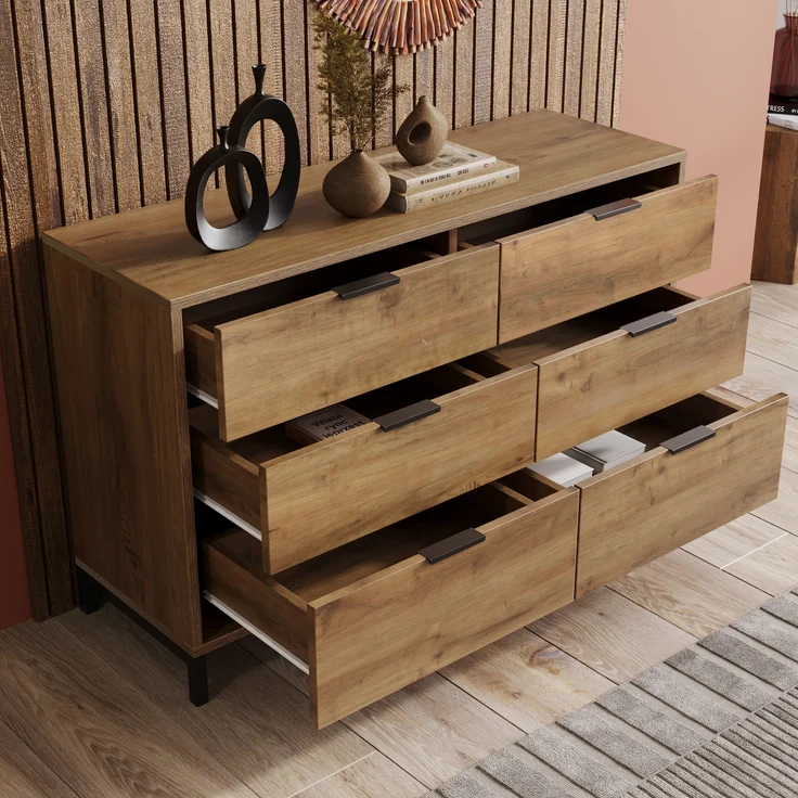 Kommode mit 6 Schubladen, Spanplatte & Metallgestell, 120x40x76 cm, Dunkle Eiche – Bild 5