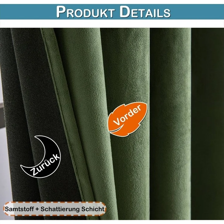 Jibenhome Gardine Vorhang mit Kräuselband Samt Verdunklungsvorhänge, Blickdicht Vorhänge (2 St), Gardinen Wohnzimmer Vorhangschals, B132cm Thermogardine Schlafzimmer – Bild 3
