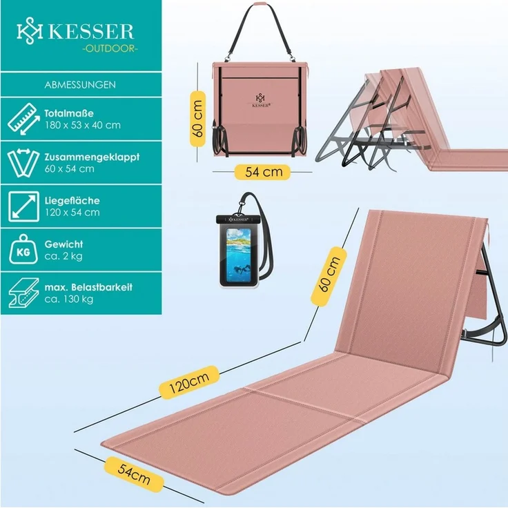 KESSER® Strandmatte klappbar mit verstellbarer Rückenlehne, Strandliege faltbar mit Tragegurt, wasserdichter Handyhülle & Aufbewahrungstasche, Sonnenliege für Strand Garten Terrasse, Liegematte 130Kg Rosa, 1er Set / 50W – Bild 2