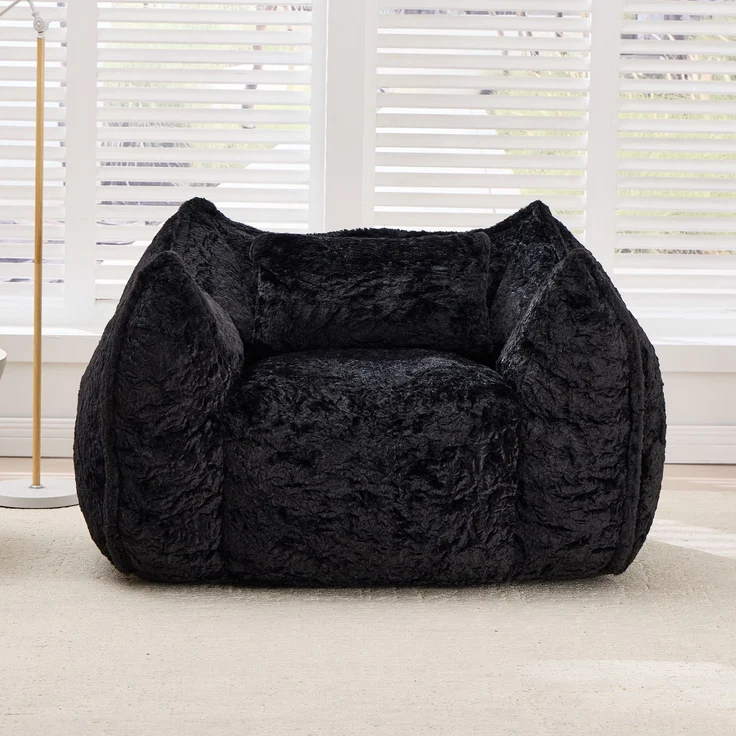 Riesiger Sitzsack mit Kissen, bequeme große Sitzsäcke für Erwachsene und Kinder, Kunstfell-Bodensofa für Wohnzimmer, Schlafzimmer und Wohnung, Schwarz--Schwarz--123x97x73cm--YOUDENOVA – Bild 2