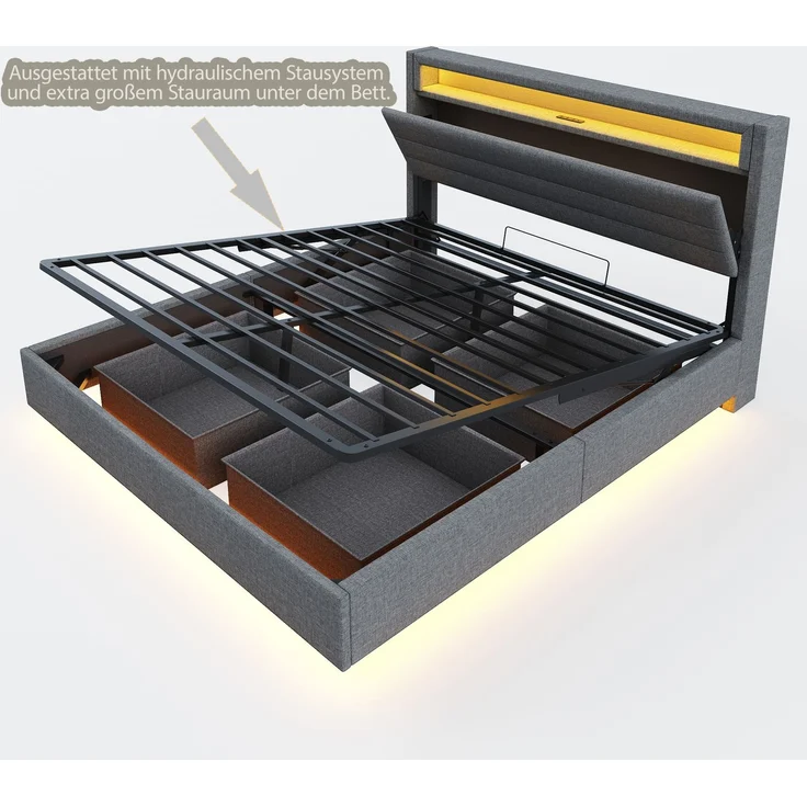 Polsterbett 140x200 cm mit LED-Licht, USB-Anschluss, hydraulischem Stauraum, drehbarem Kopfteil, Leinenstoff – Bild 7