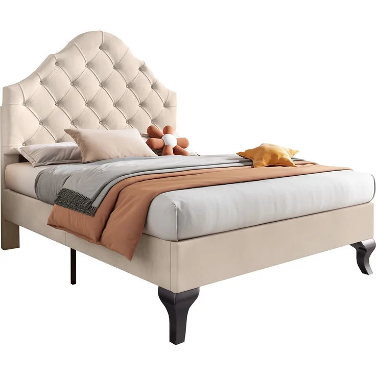 EINHOM Polsterbett 90 x 200 cm mit Lattenrost und Kopfteil, Polsterbett mit Höhenverstellbares Kopfteil, Jugendbett, Einzelbett, Holzlattenunterstützung, Einfache Montage, Samt, Beige, (Ohne Matratze) – Bild 7