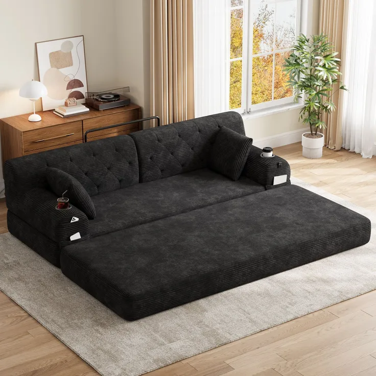ZUBALIYA Schlafsofa 80x81 cm, mit Stauraum, mit Samtbezug, mit Cordbezug, mit Knopfheftung, mit breiten Armlehnen, Schwarz