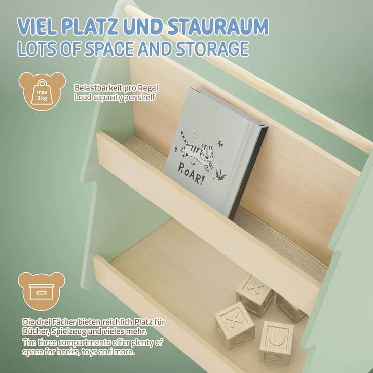 Joyz Spielzeugtruhe Kinderregal Kindermöbel Kinderzimmerregal Spielzeug Spielzimmer Möbel, Tanne Bücherregal mit 3 Ablagen & 4 Rollen MDF / Kiefer – Bild 6
