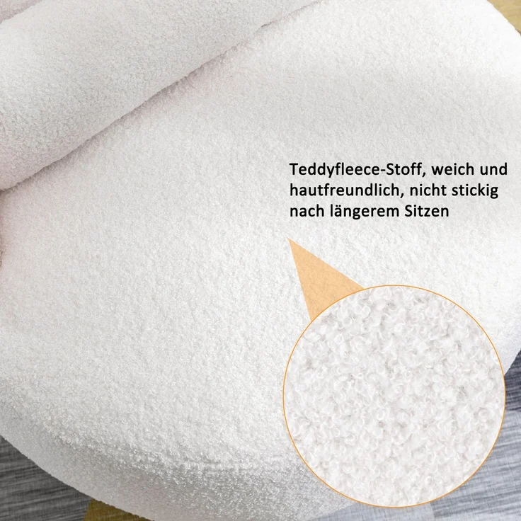 Schaukelstuhl aus Teddyplüsch in Weiß mit 360° Drehfunktion, ergonomischer Lendenstütze und Holzrahmen, Loungesessel mit Metallfuß – Bild 9