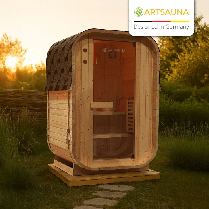 Artsauna Fasssauna Nolvik S, Outdoor-Sauna aus Fichtenholz, 3,6 kW Ofen, LED, Komplettset mit Sanduhr, Eimer & Thermometer, winterfest, Cube Design – Bild 7