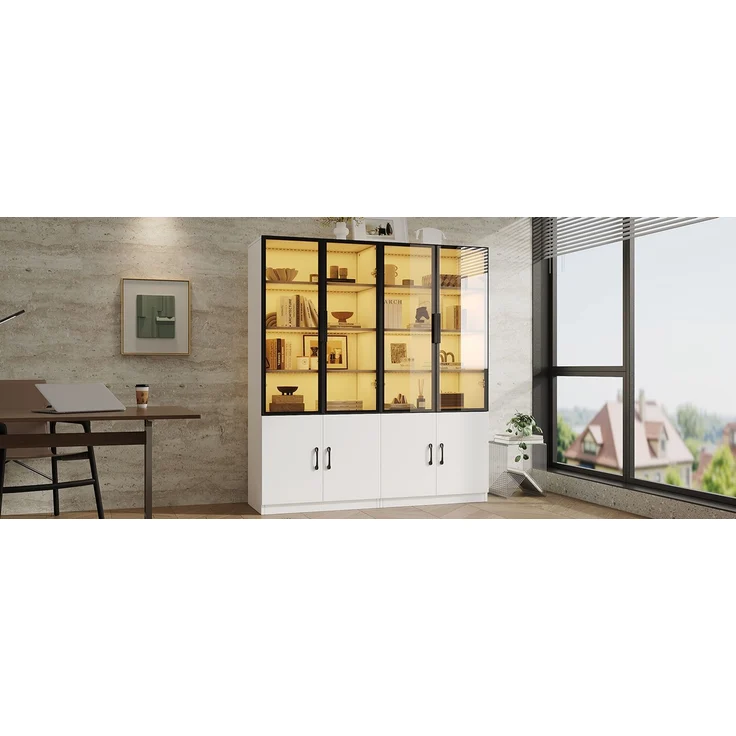 ZUBALIYA 60×40×160 cm große Vitrine mit LED-Beleuchtung – Vitrine aus Rauchglas mit Aluminiumrahmen und zwei Türen im unteren Bereich, Bücherregal, Vitrine,Sideboard – Bild 22