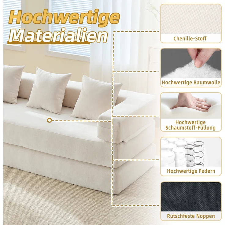 LVHOM Schlafsofa 3 sitzer, Klappsofa mit Schlaffunktion, Bodensofa, Schlafcouch aus Chenille-Stoff, frei Kombination, 198x79x60 cm – Bild 6