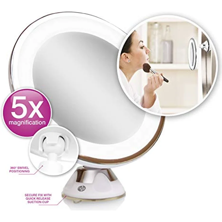 Rio Beauty Kosmetikspiegel mit 5-facher Vergrößerung und LED-Beleuchtung, 360° drehbar, Weiß – Bild 5