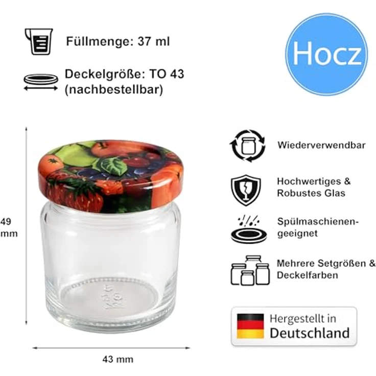 hocz 50x Mini Marmeladengläser 37 ml | mit Deckel Obst TO 43 | kleine Einmachgläser mit Schraubdeckel zum befüllen | Schraubgläser, Sturzgläser Set | leere Gläser für Marmelade | 50 Stück – Bild 2