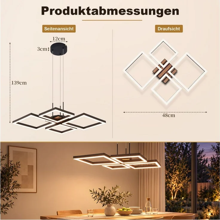 Nettlife LED Pendelleuchte Esstisch Modern Hängelampe Holzoptik Schwarz Metall 21/32W, LED fest integriert, 3000K Warmweiß für Esstisch Wohnzimmer Küche 48*45.5*110cm – Bild 3