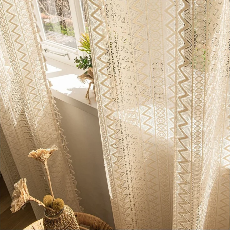 Diwzbyn Gardine Boho-Fransen-Vorhang, Vintage-Häkelspitzen-Gardine, Wellenförmiger Ösenvorhang aus Voile für Wohnzimmer und Schlafzimmer – Bild 2