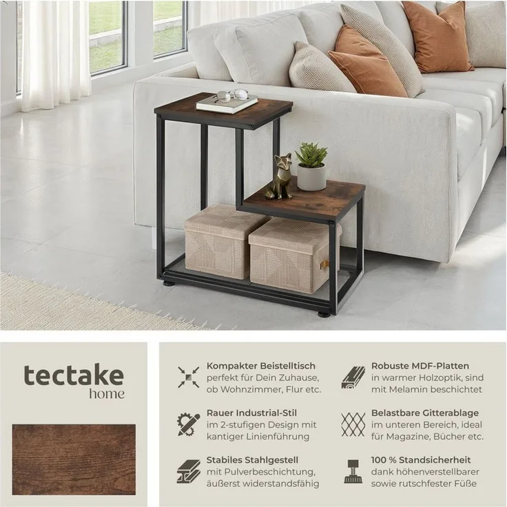 tectake Beistelltisch Couchtisch Halifax 60,5x35,5x60,5cm (1-St, 1 tlg), Repräsentativer Beistelltisch im trendigen Industrie-Design