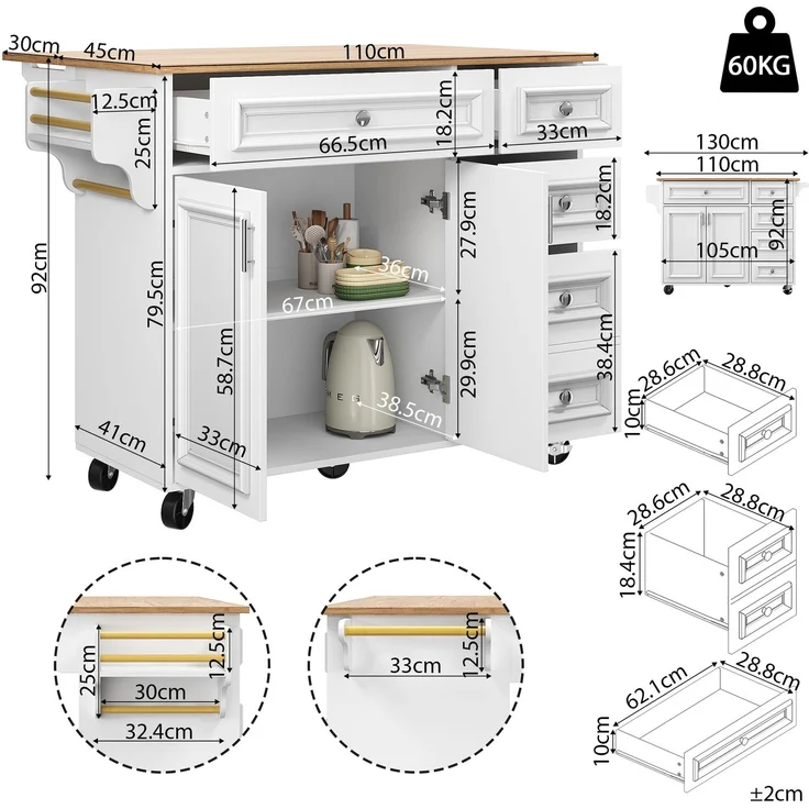 Abrihome Kücheninsel mit Stauraum 110x45-75x92 cm, Weiß – Bild 8
