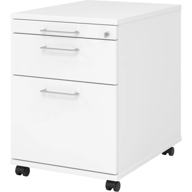 bümö Rollcontainer mit Hängeregistratur, Container abschließbar aus Holz in weiss - Rollwagen für's Büro mit Hängeregister als Schreibtisch Unterschrank od. Bürocontainer m. Bügelgriffe, AC20-W-W-BS