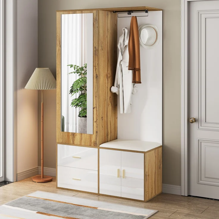 Kompaktgarderobe mit Spiegel, Schuhbank, Schuhregal und offenem Hängebereich, Garderobenschrank,Weiß & Natur – Bild 6