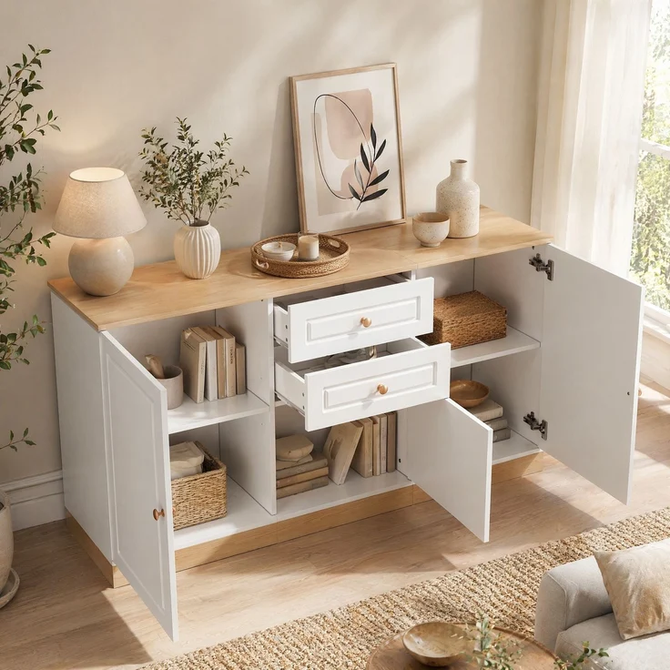 DESVIAE Sideboard mit 3 Türen und 2 Schubladen 135,5x76x39 cm Spanplatte Weiß/Holzoptik – Bild 1