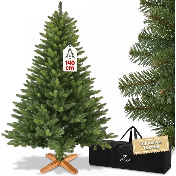 VESKA Künstlicher Weihnachtsbaum Naturgetreu mit Holzständer, Tannenbaum 140cm / 180 cm, Nordmanntanne, dichte Zweige, mit Aufbewahrungstasche, LED Beleuchtung – Bild 4