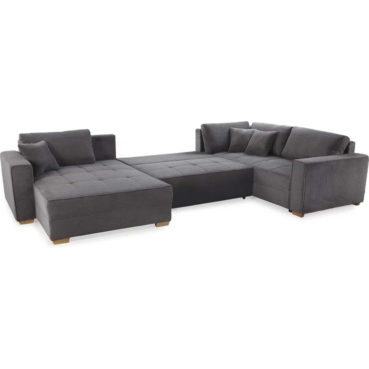 Wohnlandschaft U-Form Sofa Schlaffunktion Couch Bettkasten Cord Dunkelgrau – Bild 7