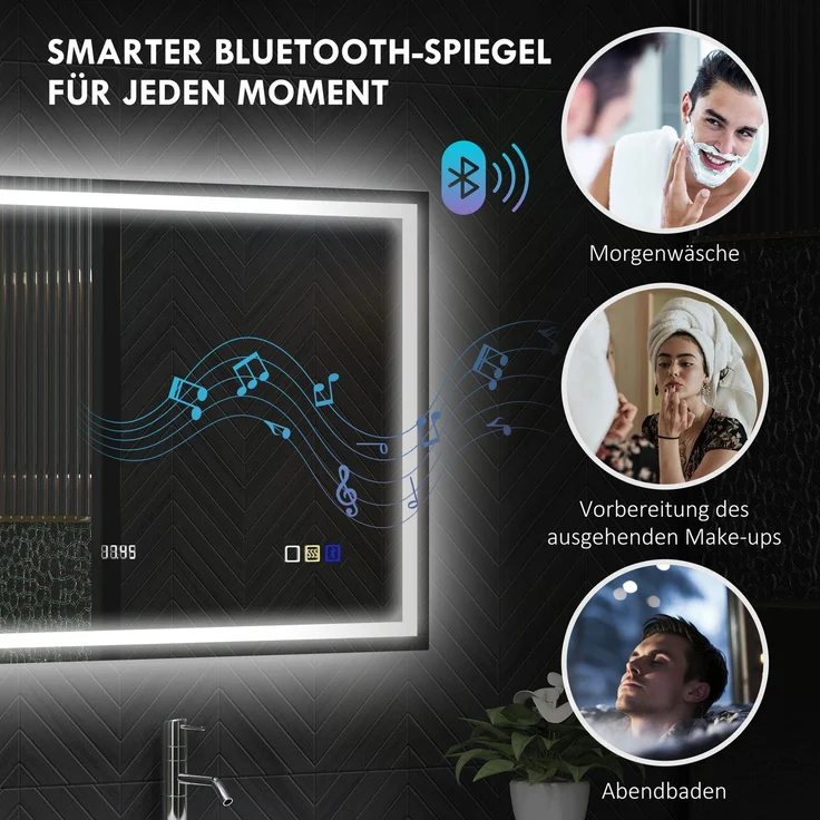 MELAYR, Badspiegel mit Beleuchtung 100x80 cm LED Spiegel Uhr Silber – Bild 6