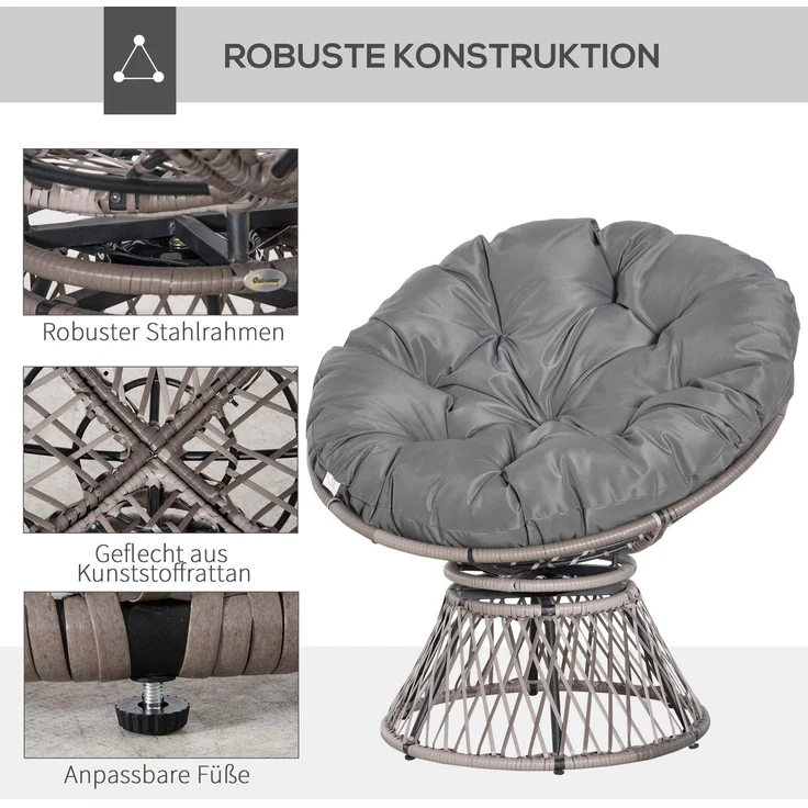 Outsunny Papasansessel Korbsessel mit Polster 360 Grad drehbar Rattan Grau B87 x T97 x H86 cm für Garten & Wohnzimmer--Grau--87x97x86cm--YOUDENOVA – Bild 6