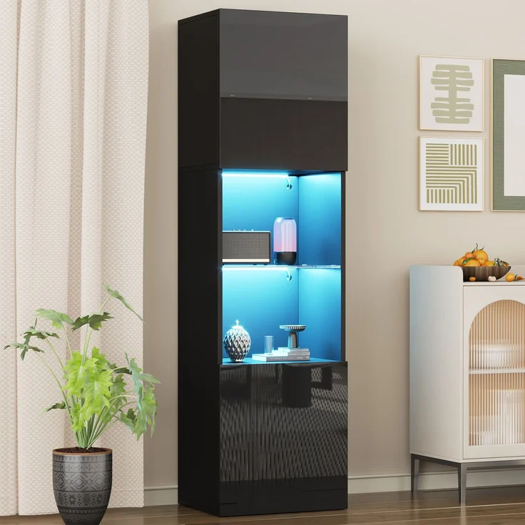 ZUBALIYA Vitrine (45 x 35 x 160 cm), LED - Beleuchtung, Hochglanzoptik, Aufbewahrung für Sammlerstücke, Geschirr und Dekoration, Schwarz – Bild 3