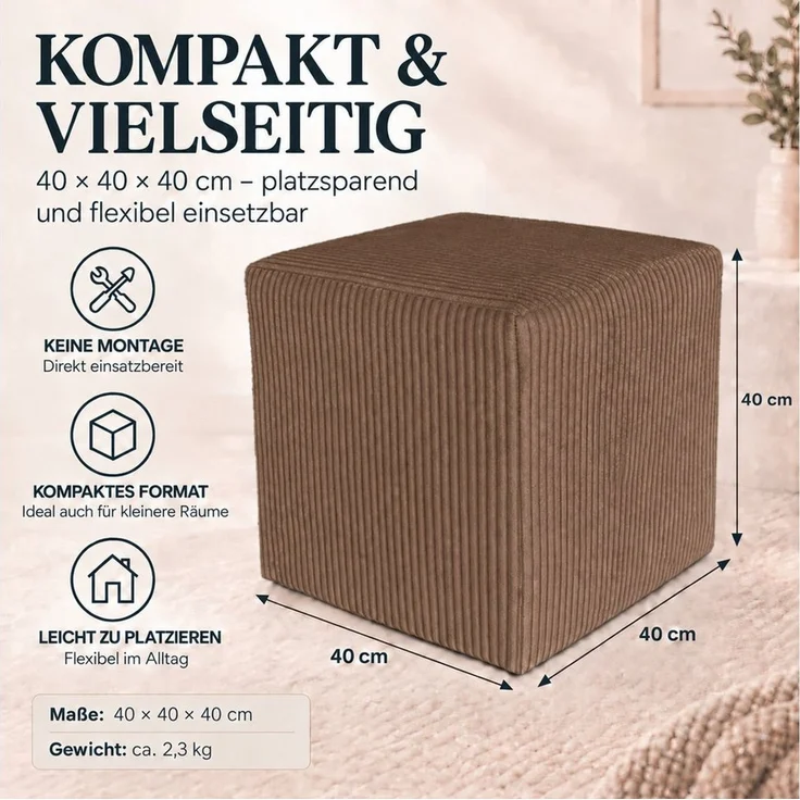 Best for Home Sitzwürfel Pouf Hocker – Samt, Fußhocker & Sitzpuff (Sitzwürfel / Pouf Hocker, 1 St, 1x Sitzwürfel / Pouf Hocker), multifunktional, Dekoelement, kompakt, weich gepolstert – Bild 3