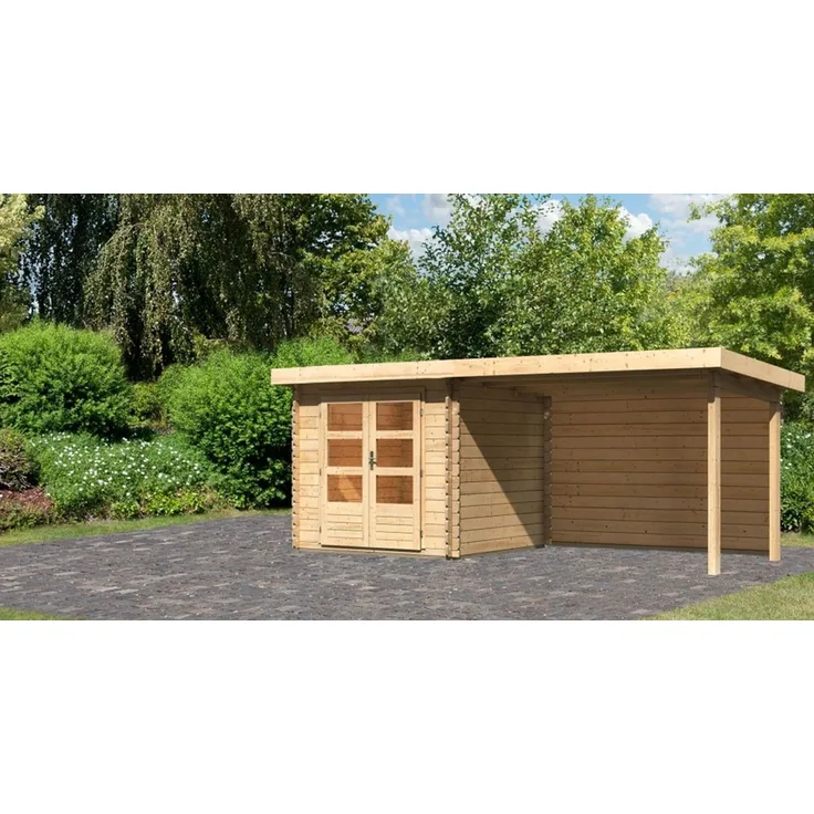 Gartenhaus Bastrup 2 - 519x237 cm mit Anbaudach 3,00 m mit Rückwand, 28 mm Holz naturbelassen