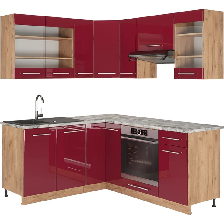 Eckküche Fame-Line Bordeaux Hochglanz/Goldkraft Eiche 190 x 160 cm ohne Arbeitsplatte Vicco – Bild 1
