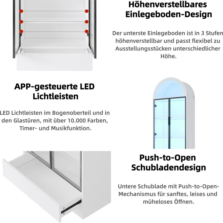 Vitrine 70x38x190 cm in Weiß mit LED-App-Steuerung, Glastüren und Schublade – Bild 8