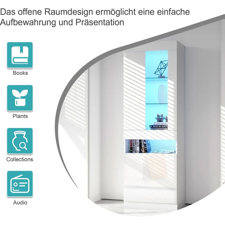 Vitrine mit LED Beleuchtung Vitrinenschrank Standvitrine Stauraumvitrine Schrank Wohnzimmerschran Weiß LED Vitrine Wohnzimmer Wohnwände LED Vitrinenschränke LED Schränke Buffet-Schran--Weiß--50x40x180cm--YOUDENOVA – Bild 3