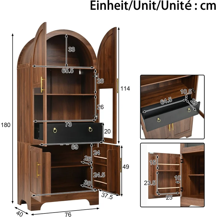 Vitrine 76 x 40 x 180 cm aus MDF und Spanplatte, mit Bogenfront, Glas und LED-Beleuchtung – Bild 5