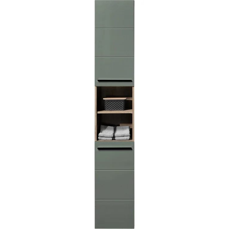 Hochschrank >Vista < 2 Türen, 6 Fächer, schilfgrün / viking oak Dekor - 34x190x31cm (BxHxT) – Bild 2