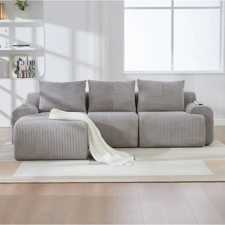 DESVIAE Sofa 3-Sitzer modular mit Getränkehalter und Seitentasche 268x80x174 cm Cord Hellgrau