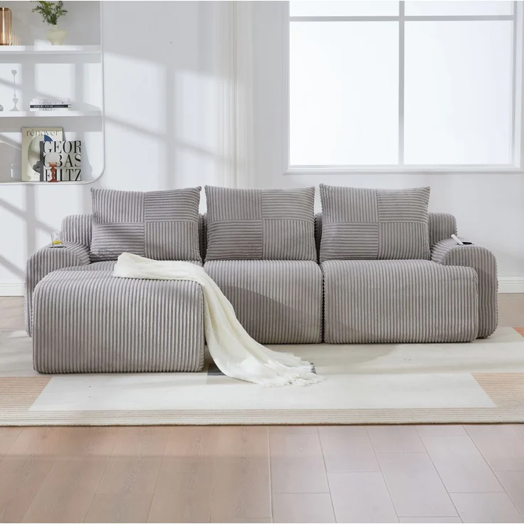 DESVIAE Sofa 3-Sitzer modular mit Getränkehalter und Seitentasche 268x80x174 cm Cord Hellgrau – Bild 1