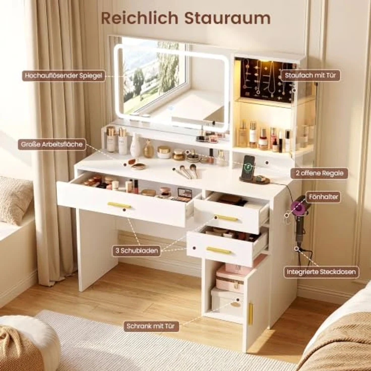IRONCK Schminktisch mit LED-Spiegel, 3 Lichtfarben & dimmbarer Beleuchtung | Schminktisch mit Glasvitrinen, Schubladen, Schrankfächer, Föhnhalter, offenen Ablagen, Ladestation( 2AC+ USB-A + USB-C), Weiß – Bild 3