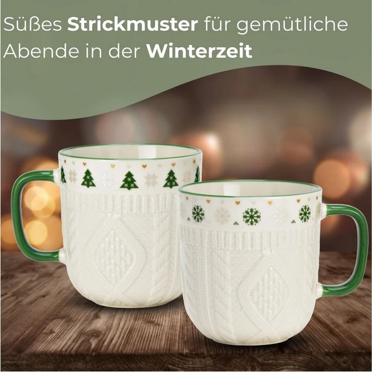 matches21 HOME & HOBBY Tasse Kaffeetassen 2er Set in Weiß mit Winter Strick Design, 2-tlg, Porzellan, Weihnachts-Tassen aus feinem Porzellan 345 ml – Bild 4