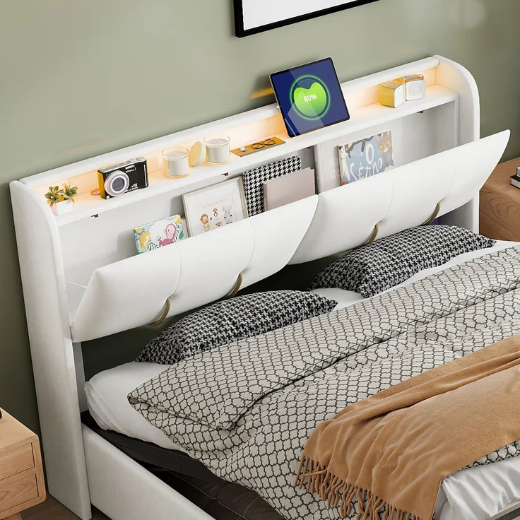 Pressure bed with storage function, light strip and USB charging port, double bed 160 * 200cm beige velvet European standard charger – Bild 5