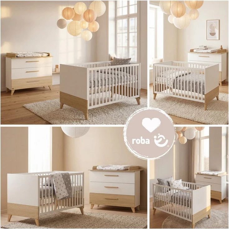 roba® Babymöbel-Set Theo - modernes Kinderzimmer in Weiß & Ulme - Holz, (2-teiliges Set, Babybett 70 x 140 cm & Wickelkommode mit Wickelansatz), Griffe & Füße aus Massivholz - Kinderzimmer Set in Weiß / Ulme – Bild 3